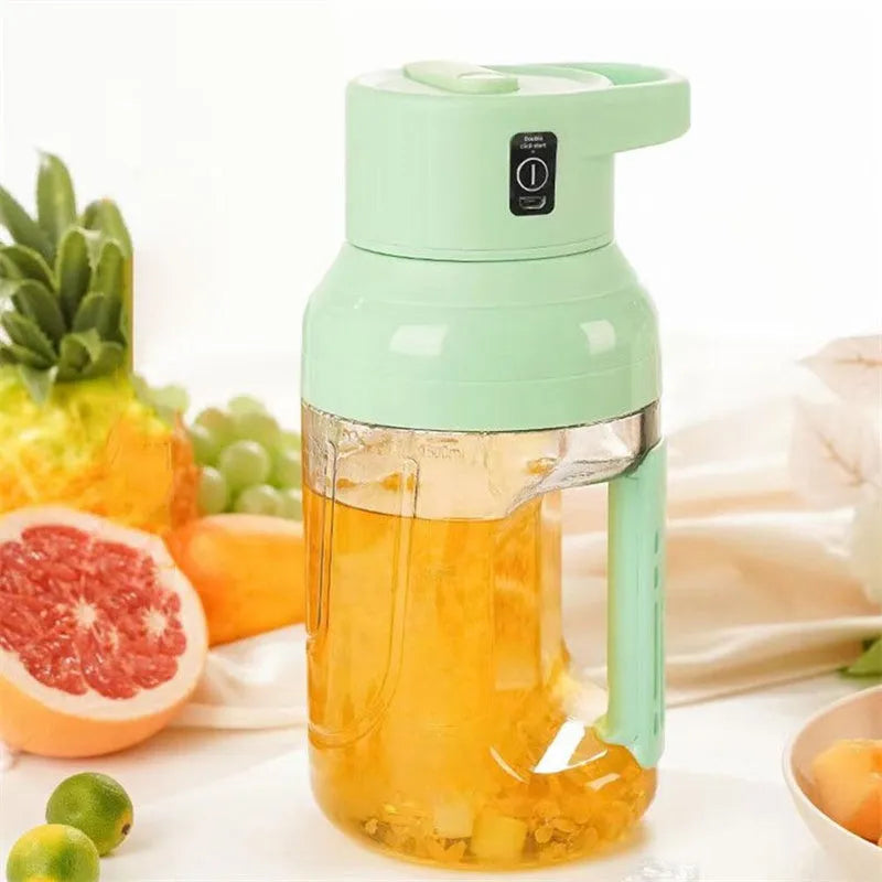 Portable electric juicer with 1500ml capacity, USB rechargeable, eight steel blades, and dual handles in pink colour