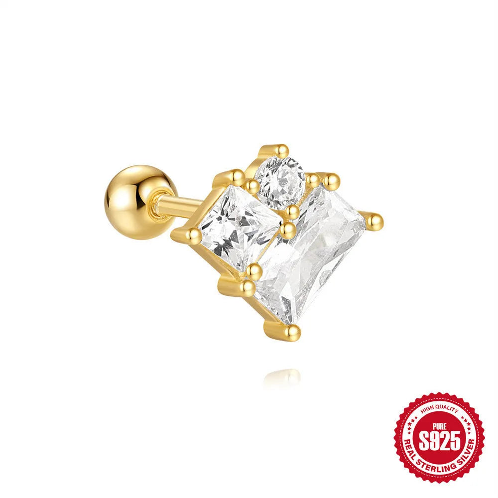 Sterling silver square gravel stud earrings with electroplated gold finish and floral design