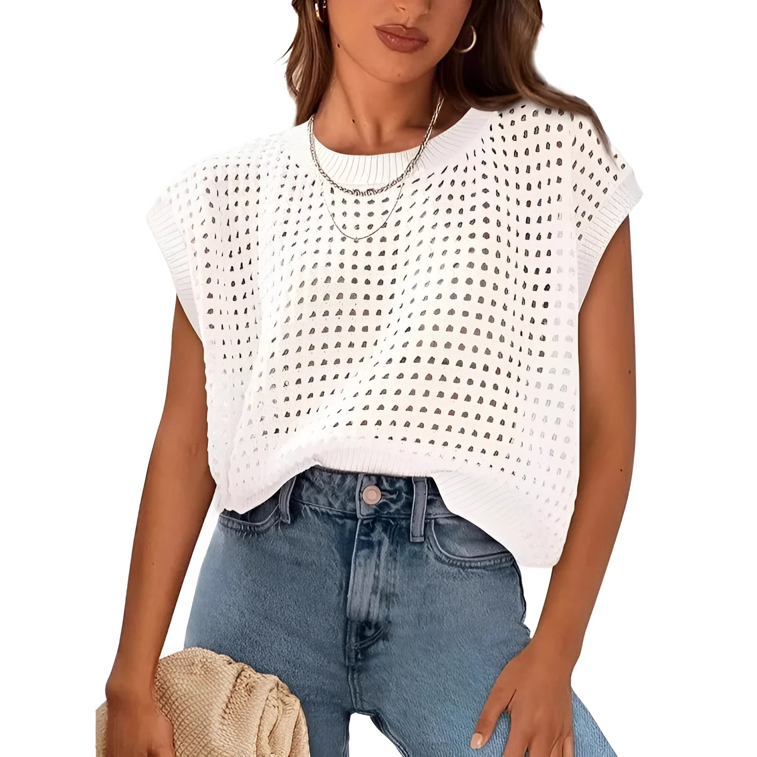 White women's pullover sweater with crochet texture on the sleeves