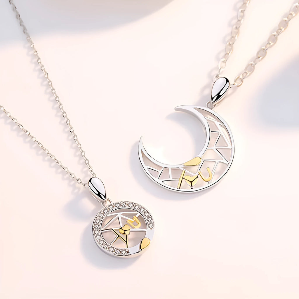 Sun moon tooth couple necklace with electroplated copper pendant and cross chain for men and women