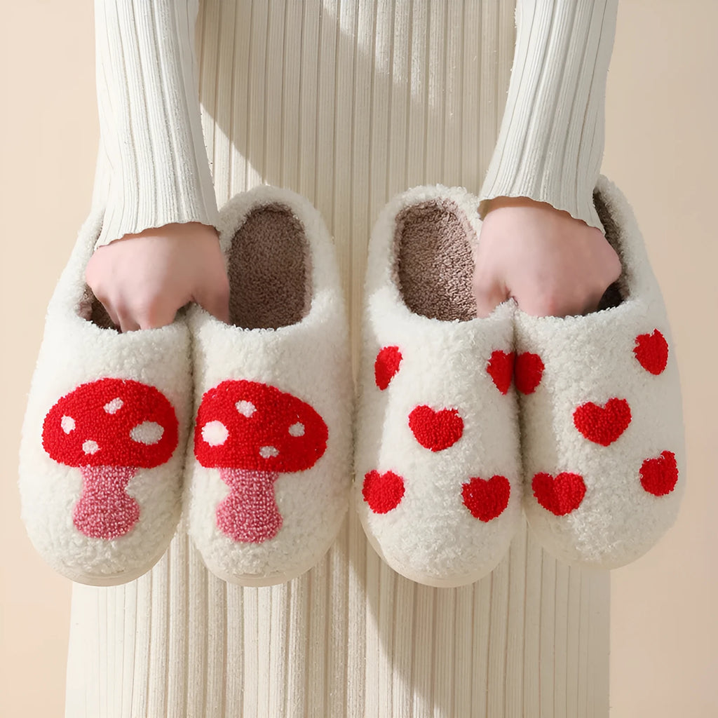 Plush home slippers with non-slip PVC sole in big love colour design for adult female sizes