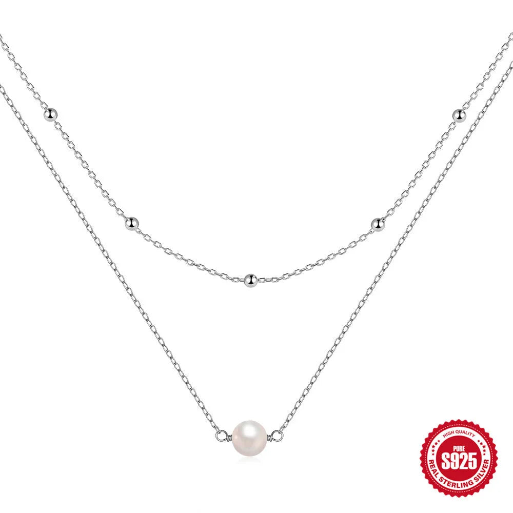 S925 sterling silver double layer pearl necklace with geometric pendant in gold colour