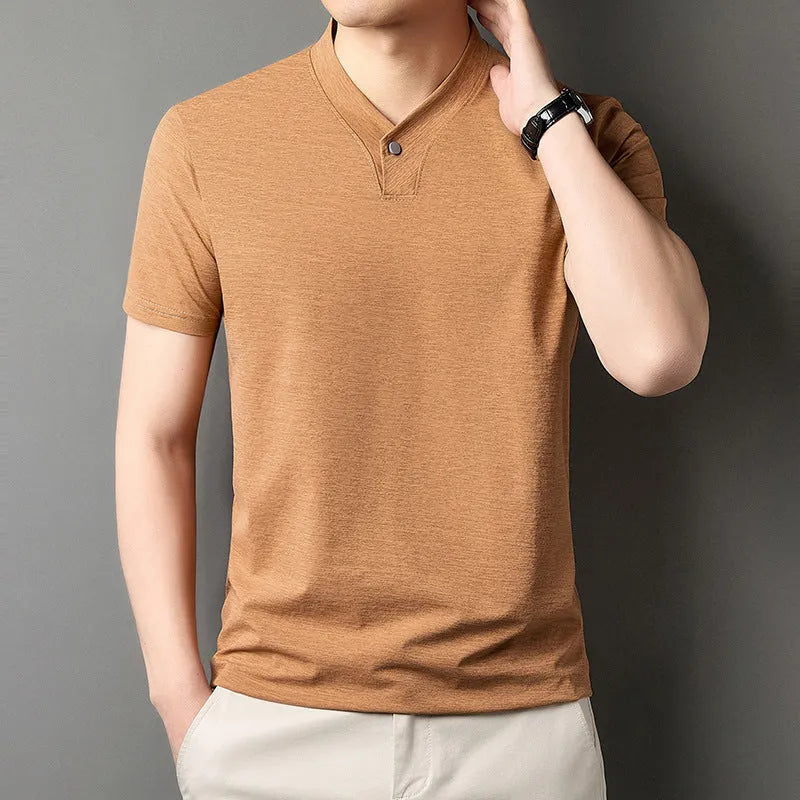 Young men's short sleeve zipper front T-shirt in khaki colour, regular fit, polyester blend fabric for summer casual wear