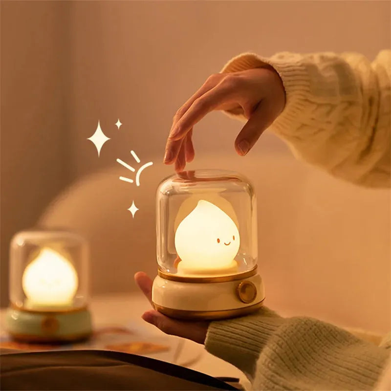 Retro USB rechargeable LED night lamp in green, compact 100x108x124mm, with dimmable knob and candlelight mode