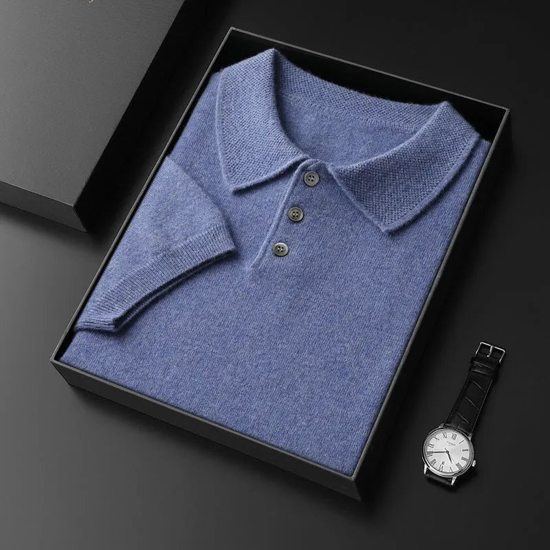 Men's cashmere polo collar elbow-sleeve top in light camel, loose fit pullover style