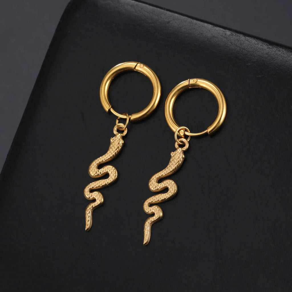 Snake-shaped stainless steel vintage ear clip earrings with gold plating