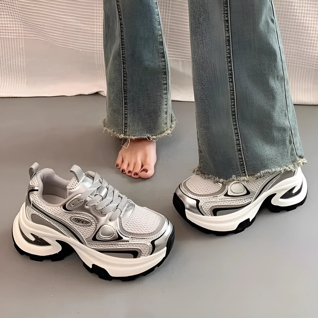 Women's mesh breathable clunky platform sneakers in silver with low-top lace-up design and non-slip rubber sole