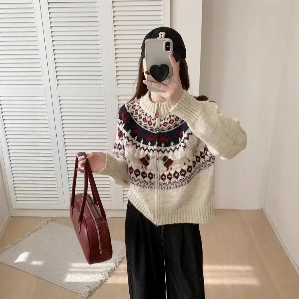 Ethnic style heavy industry jacard round neck pullover sweater with 3D effect pattern in apricot or navy blue loose fit