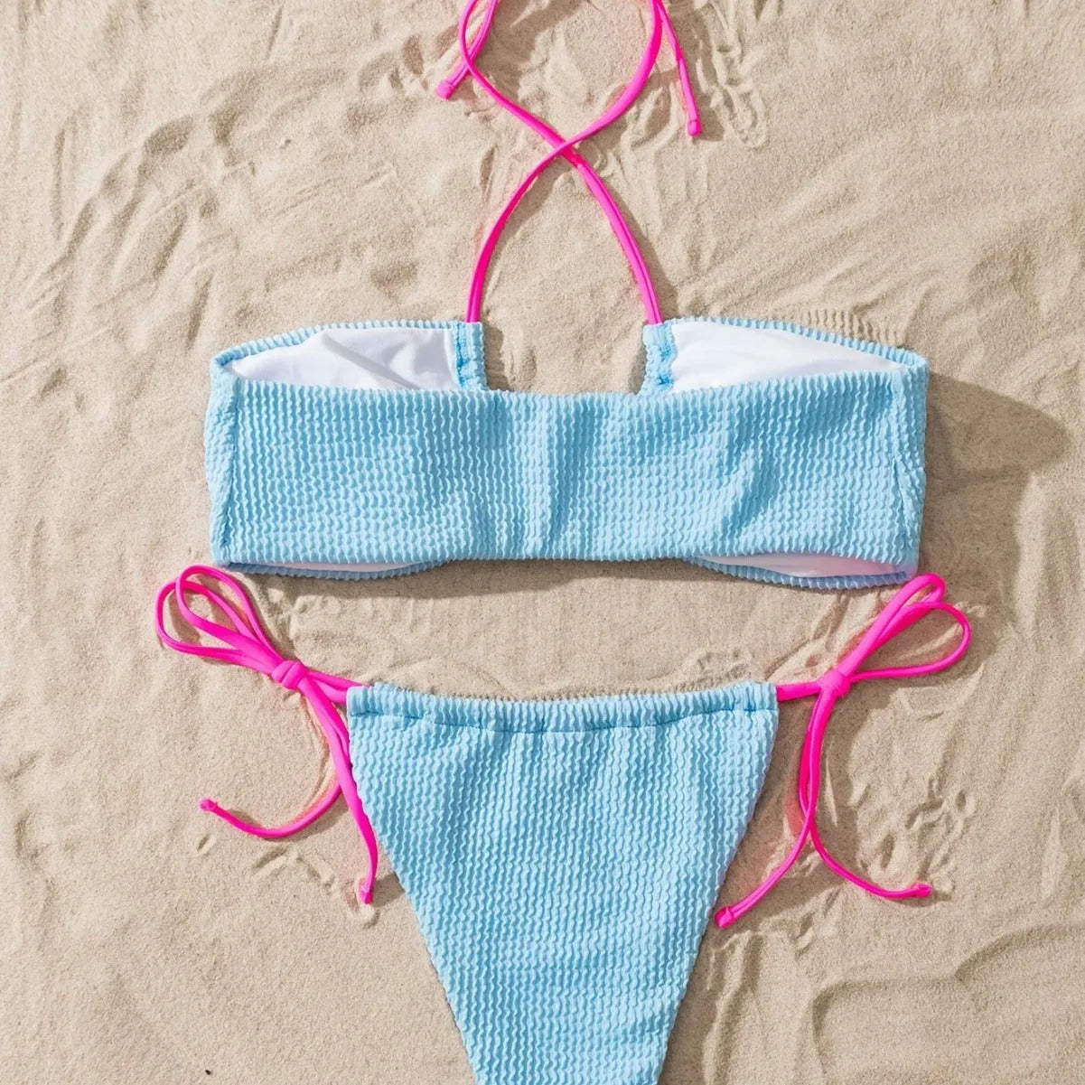 Solid colour women's separated halter lace-up swimsuit with tie side briefs in picture colour