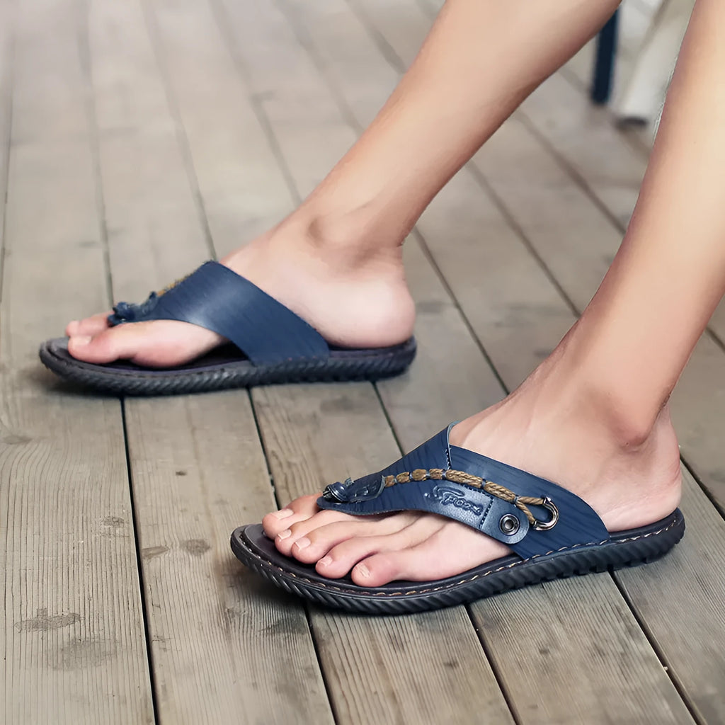 Men's black PU leather casual slippers with a non-slip sole, shown in size 42.