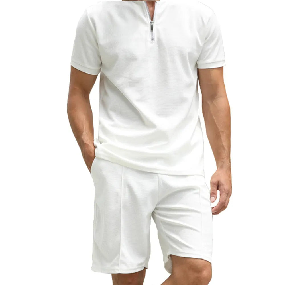 Men's solid colour polo shirt suit set with short sleeves and matching trousers in beaded bird's eye fabric
