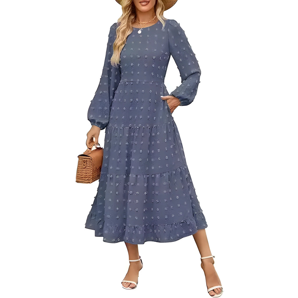 Women's long sleeve high waist dress in beige with ruffled sleeves