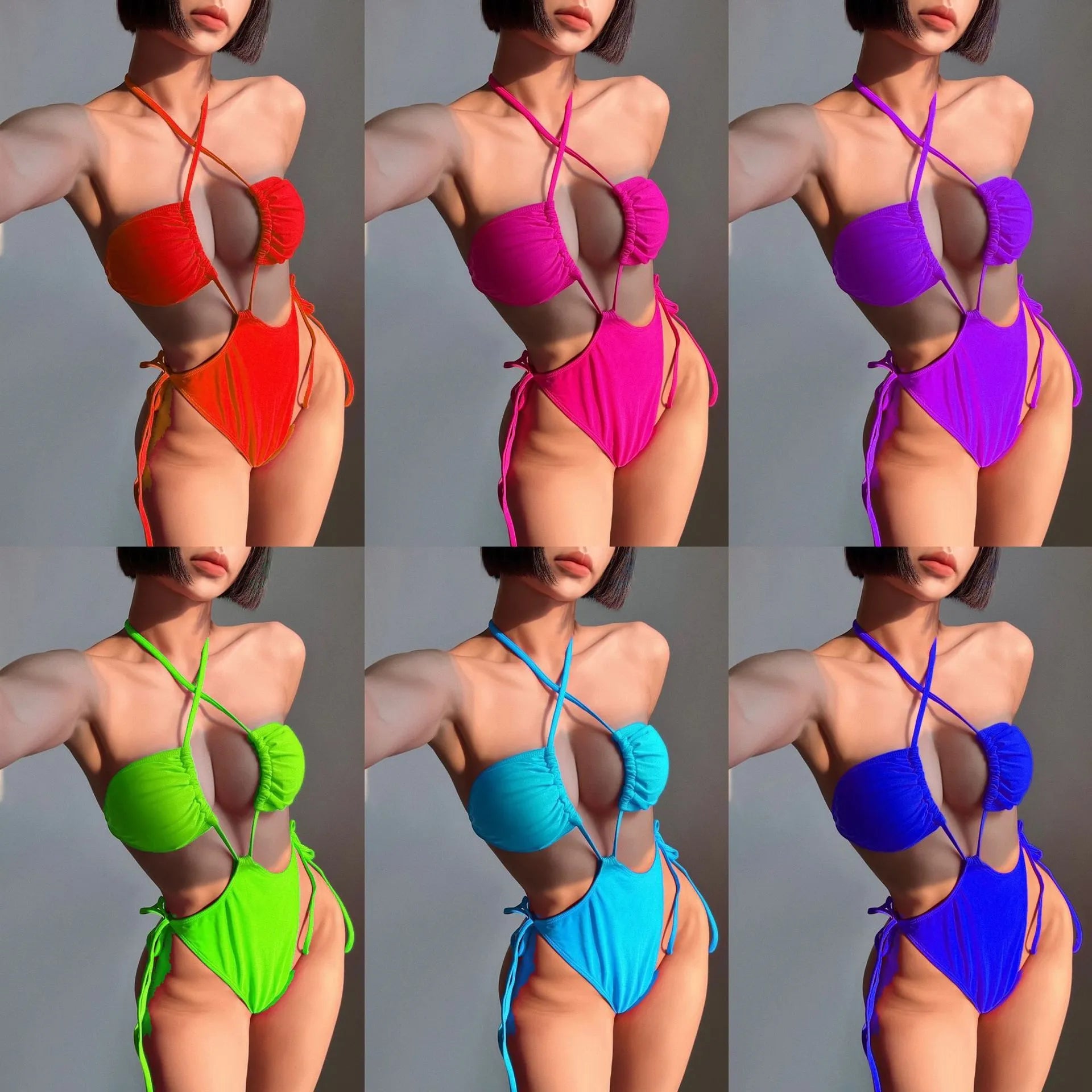 Women's fashion drawstring one-piece nylon swimsuit in solid black, briefs style, front view
