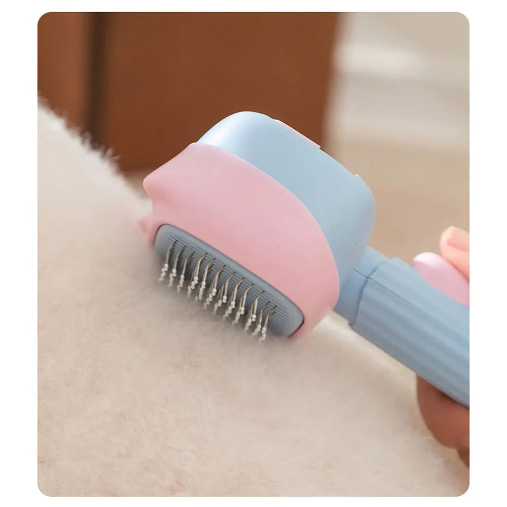 Red double-sided pet grooming brush with deshedding rake and dematting comb, shown with dimensions.