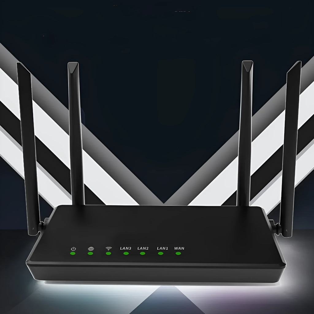 Portable white or black 300 metre WiFi router with 5 ports on rear panel.