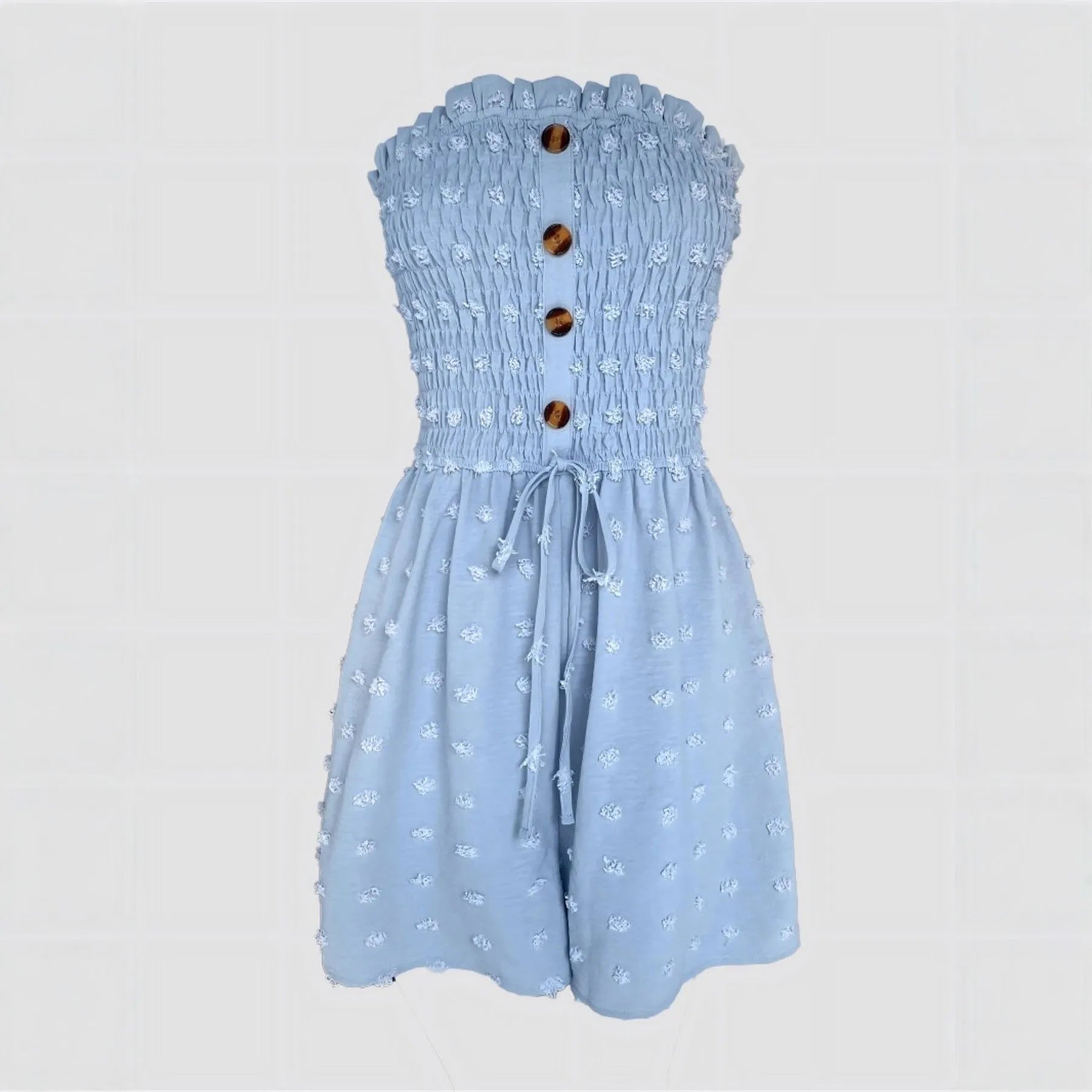 Women's blue off-shoulder sleeveless jumpsuit with button details and mid waist design