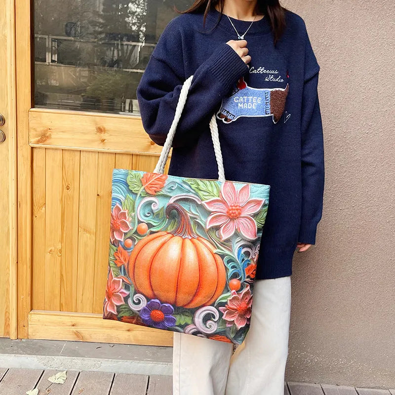 Canvas linen cotton shoulder bag with open pocket and double straps in urban simplicity style