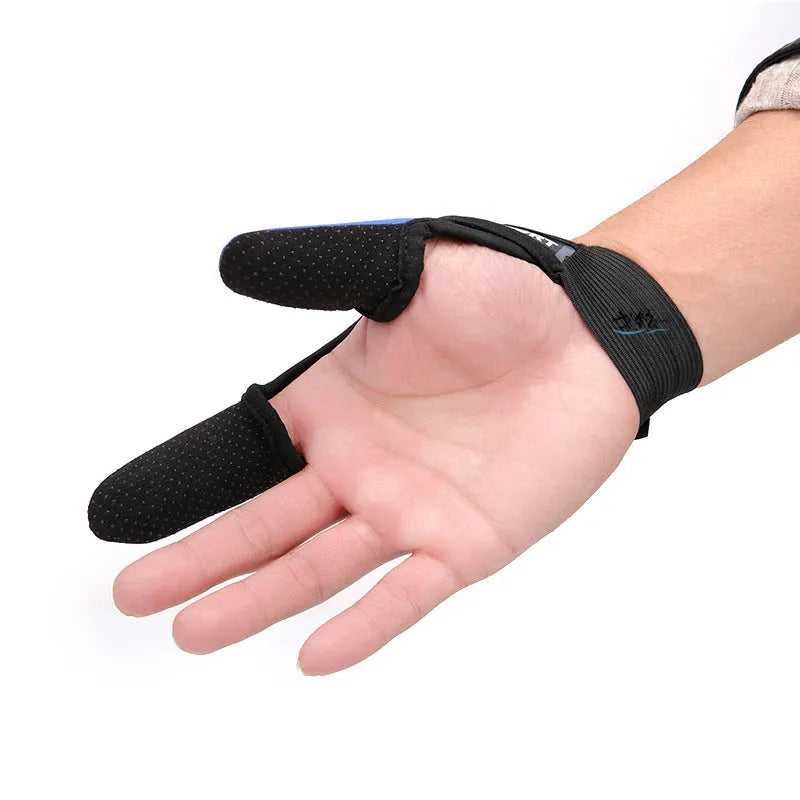 Two-finger fishing tackle glove for lure fishing in black colour showing diving cloth back and microfiber palm construction