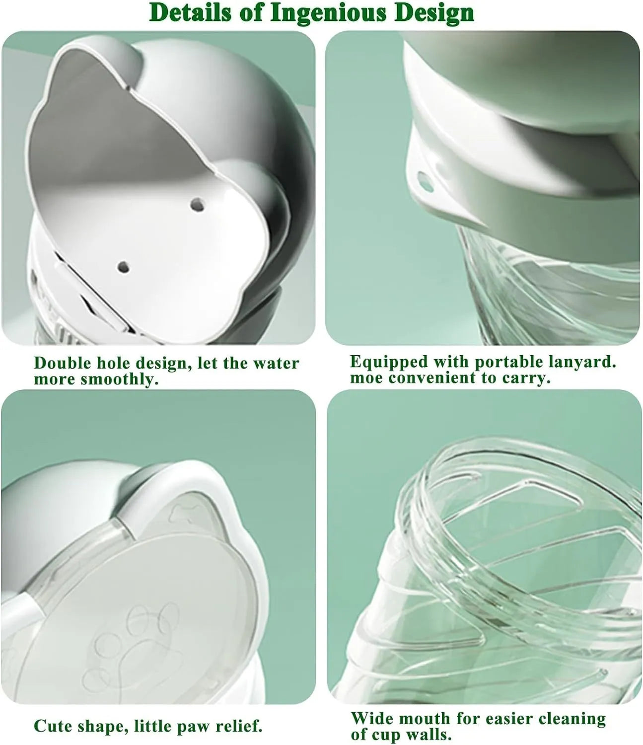 Green 3-in-1 portable pet water bottle with strap, showing water bowl, food container, and bag dispenser.
