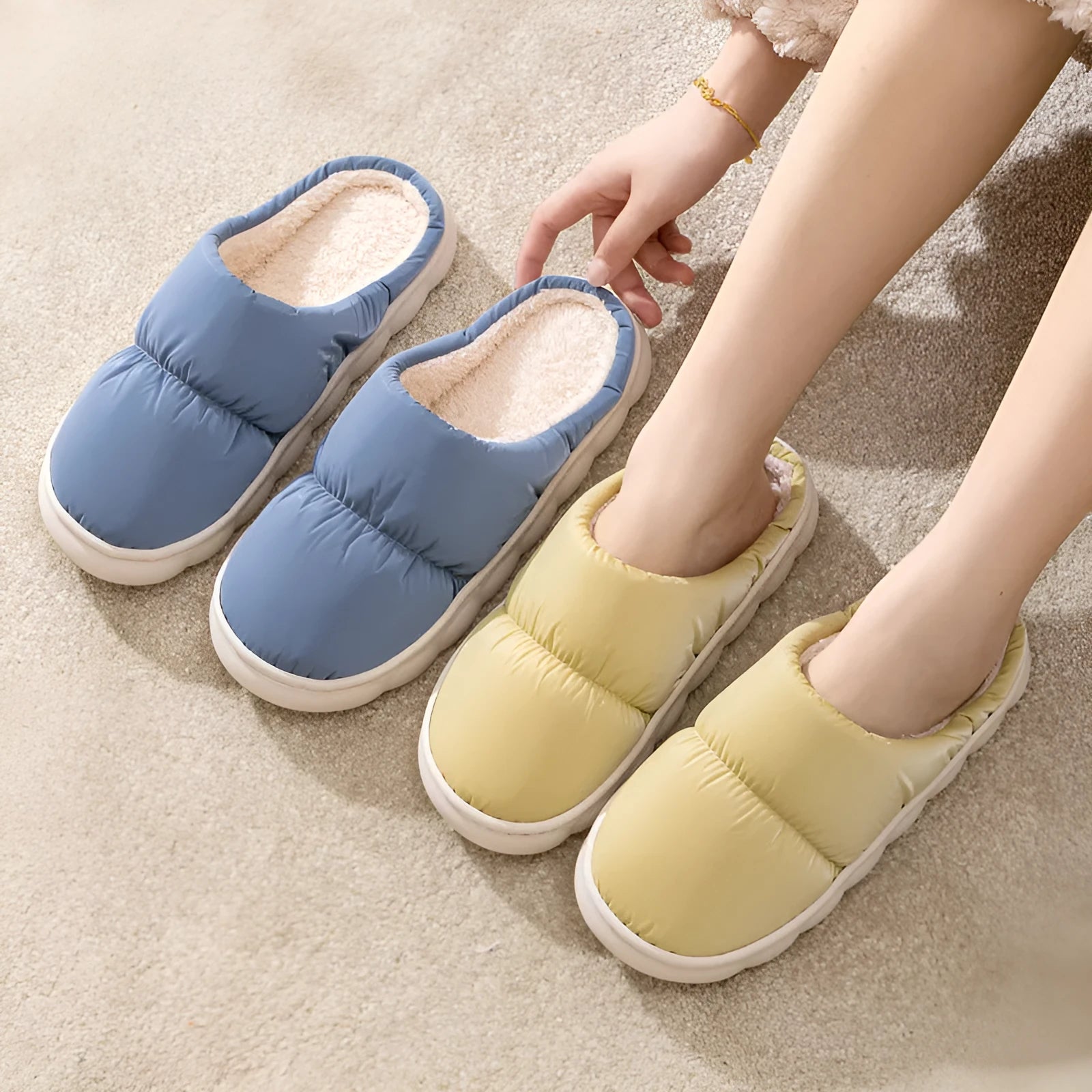 Artificial leather winter house slippers with thick rubber anti-slip soles and plush lining in blue colour