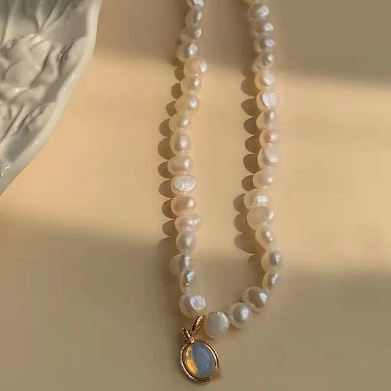 French Court vintage pearl necklace with geometric shapes on electroplated alloy chain showing adjustable length