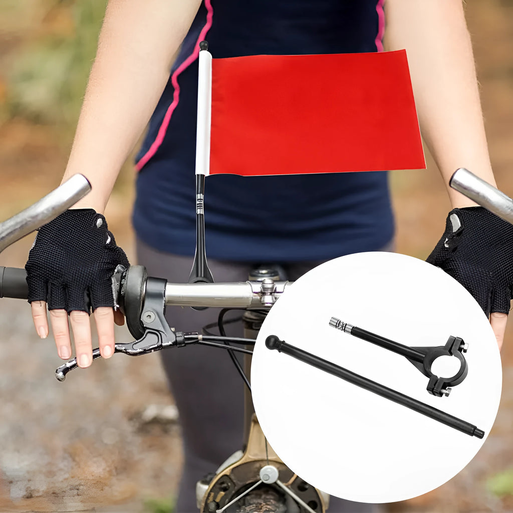Square polyester flag on plastic pole for handlebar mounting as promotional display