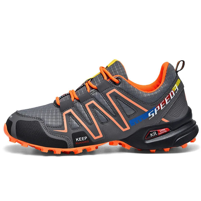 Men's plus size low-top casual running shoes in grey orange colour with synthetic leather upper and rubber sole.