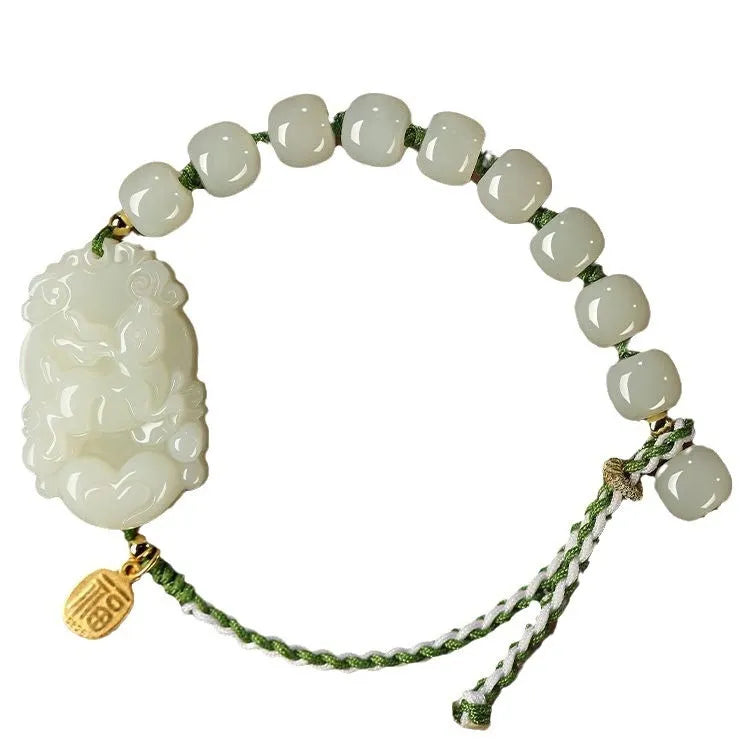 Year of Rabbit Hetian jade bracelet with S925 silver blessing card on red ice cotton rope