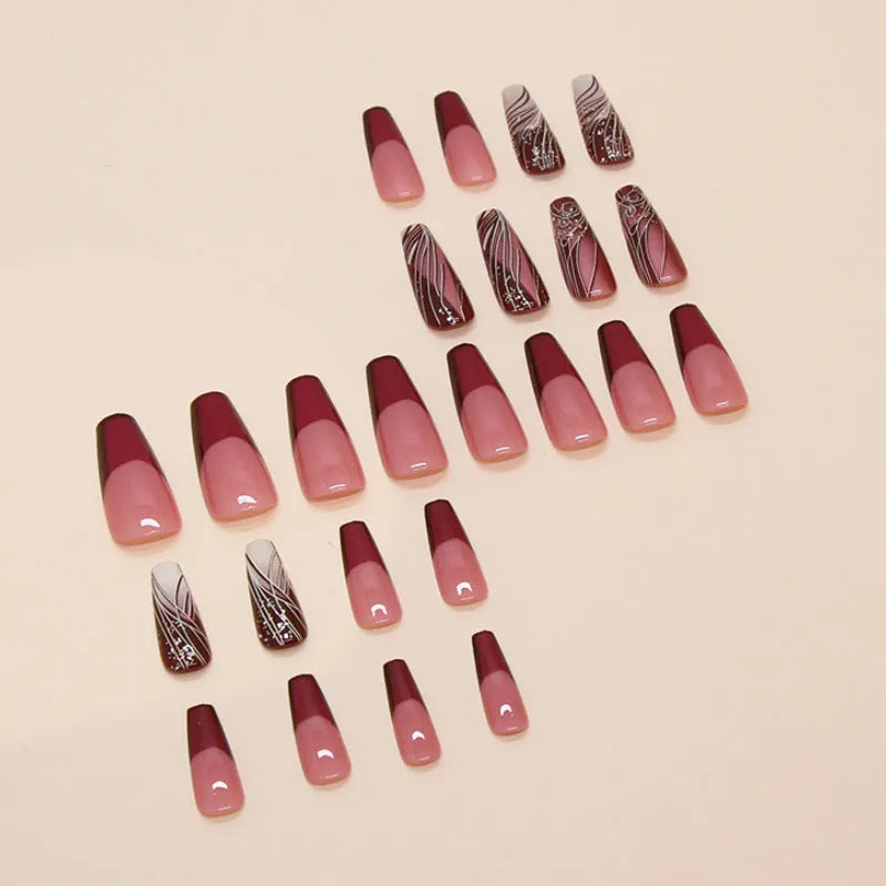 French line pattern false nails with adhesive glue in packaging