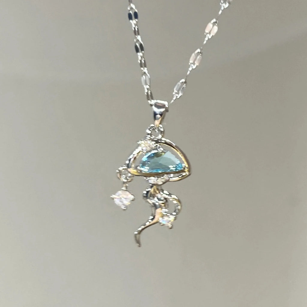 S925 sterling silver blue jellyfish necklace white gold colour pendant on adjustable chain