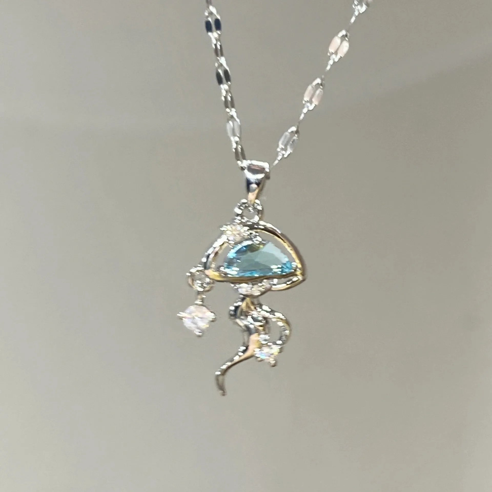 S925 sterling silver blue jellyfish necklace white gold colour pendant on adjustable chain