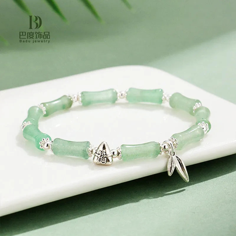 Green Aventurine Bamboo Strawberry Crystal Bracelet with mixed natural stones and electroplated finish on white background
