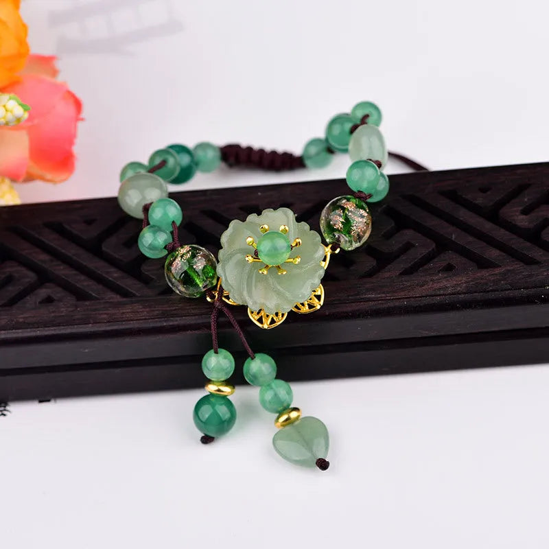 Women's Chinese style hand-woven bracelet in mixed materials with flower shape and auspicious patterns