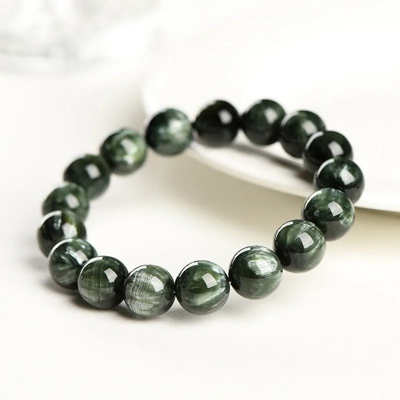 Natural Green Dragon Crystal bracelet with 8mm to 9mm round beads and Ruyi style design
