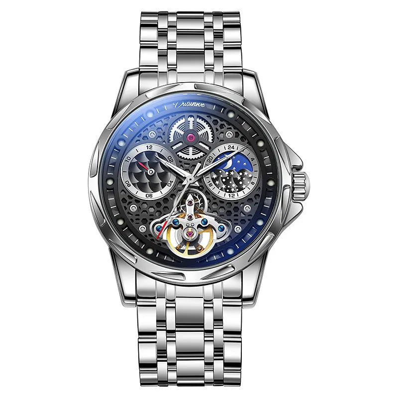 Men's waterproof automatic watch with luminous hands on steel band