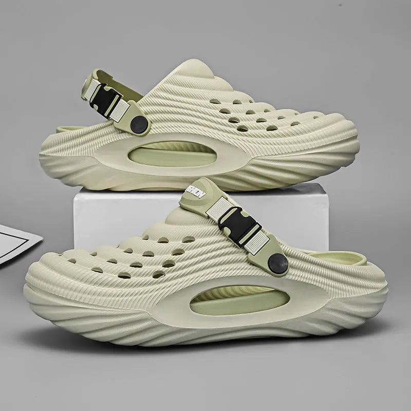Men's solid colour hollow-out EVA platform slippers in black, white, and light green options