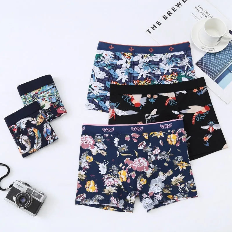 Men's cotton boxer briefs with floral pattern and U-shaped pouch design on a mid-waist.