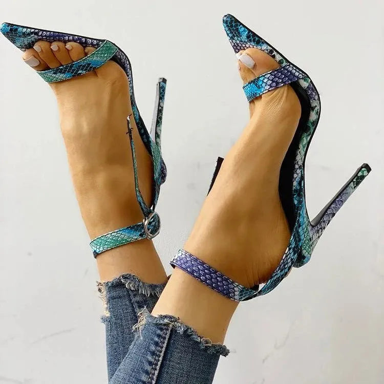 Blue snake print women's buckle heels with hollow-out design and pointed toe