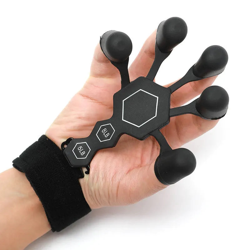 Gray silicone 5-finger rehabilitation hand trainer for grip strength exercises on a plain background