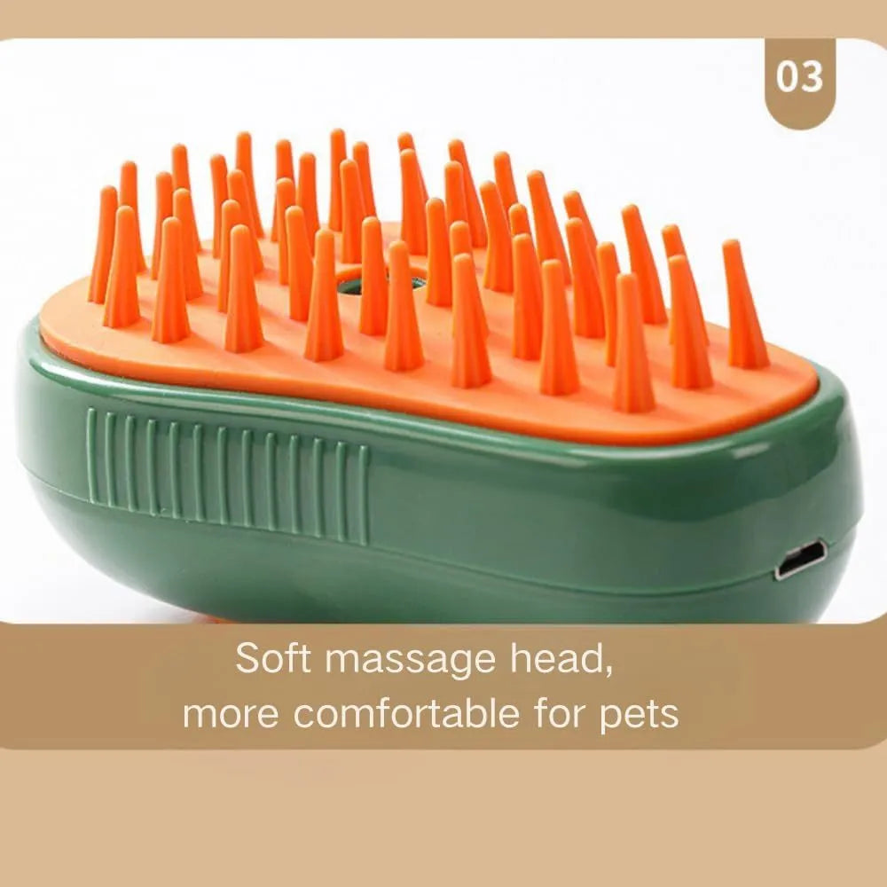 Green and white cat steam brush with water spray function and silicone massage teeth for pet grooming