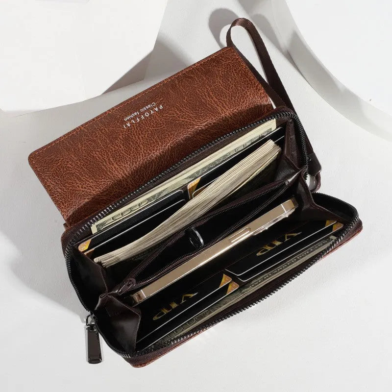Men's black PU leather bifold wallet with multiple card slots, shown open and closed.