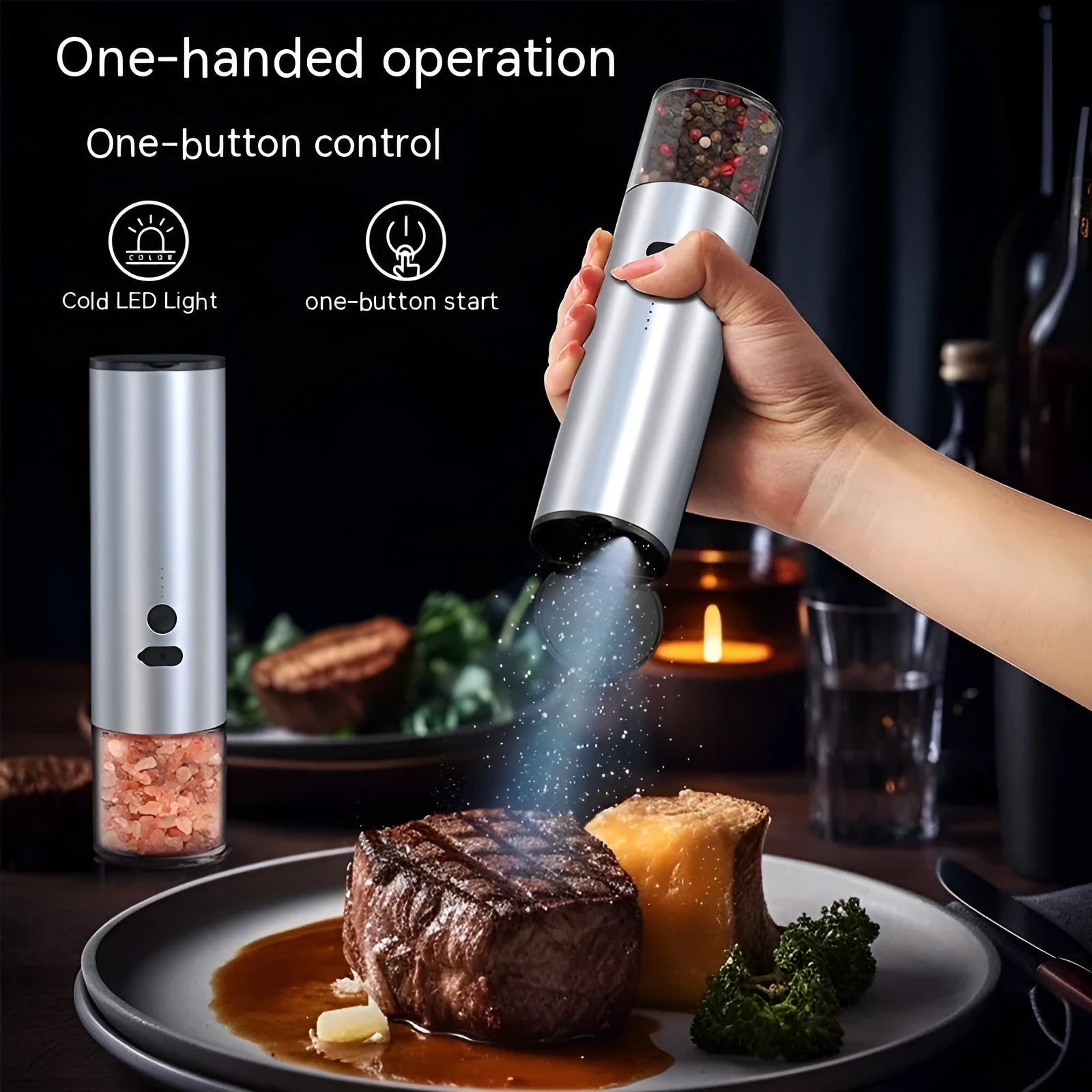 Rechargeable electric pepper and salt grinder with LED light and stainless steel top on white background