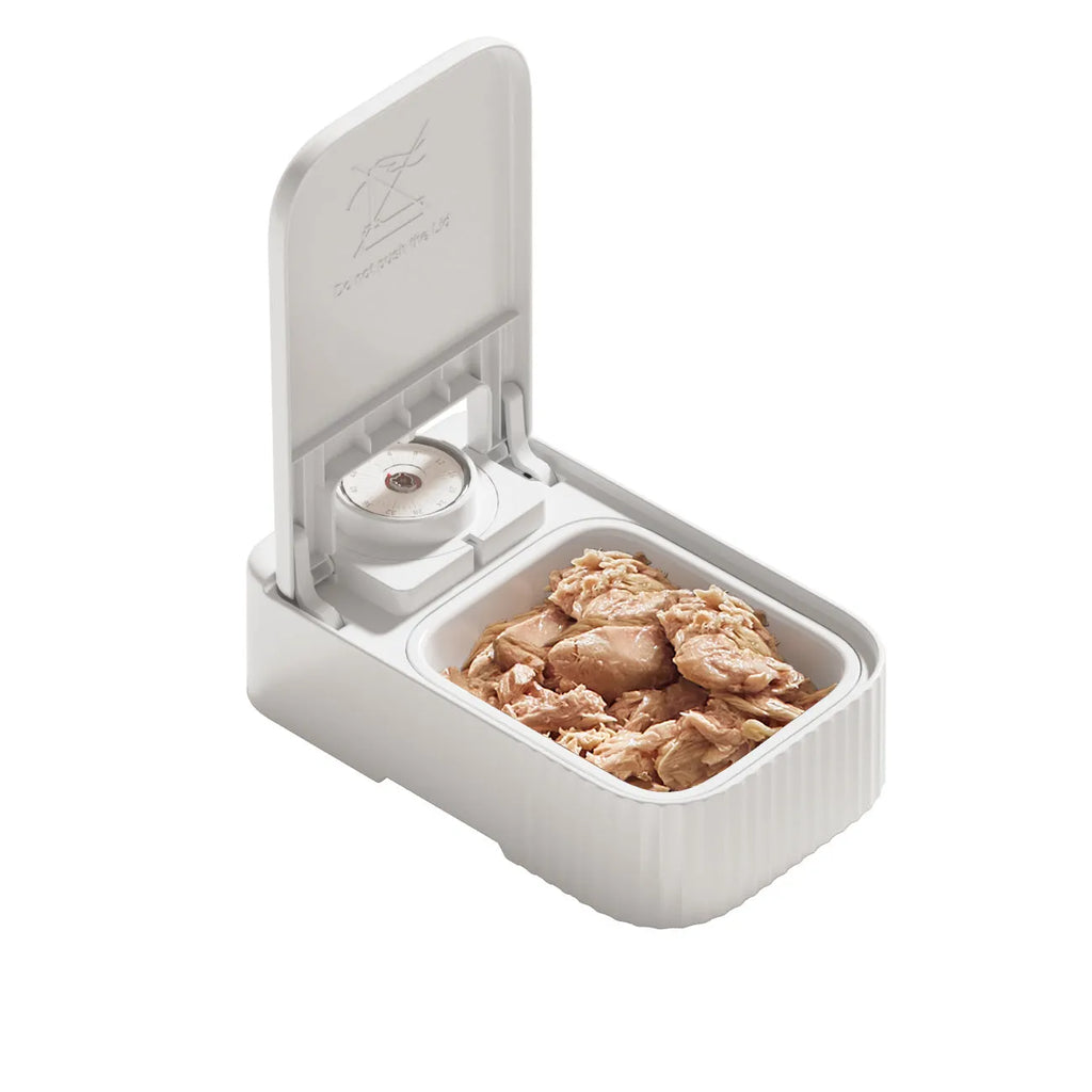 White pet single meal feeder with digital timer display and ice crystal box underneath for 48-hour freshness