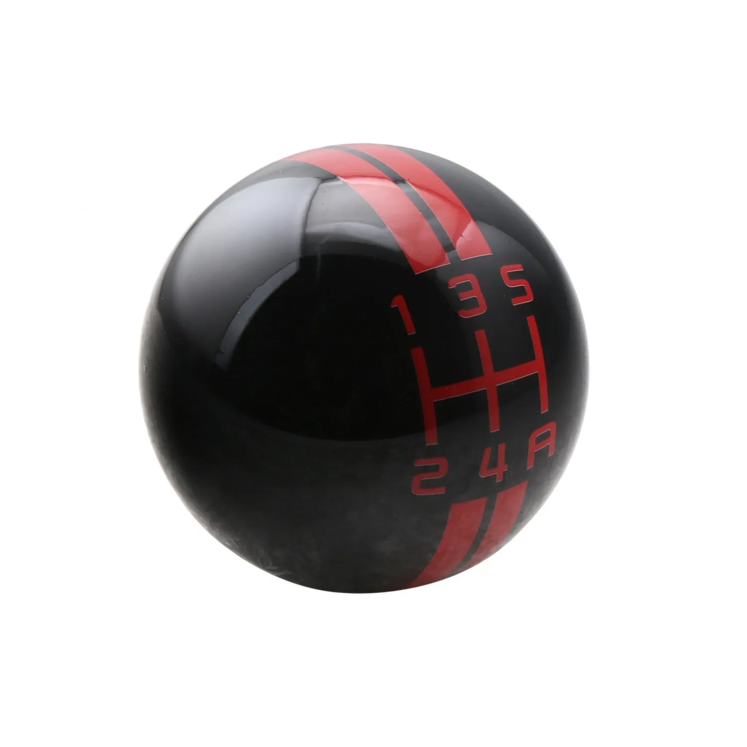 Close-up of a black acrylic 5-speed manual gear lever knob with red gear markings, universal screw-fit type