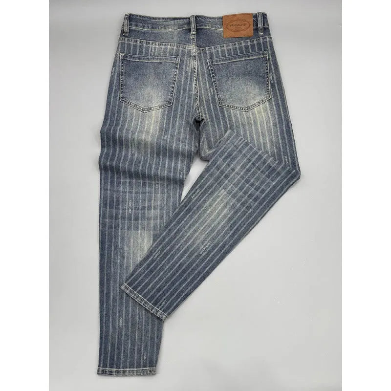 Men's striped cropped jeans slim fit retro denim trousers with zipper fly straight leg ankle length