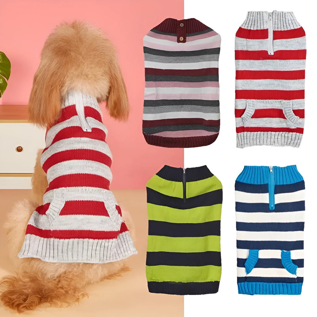 Grey acrylic dog sweater with a horizontal zipper and a button pocket on the side.