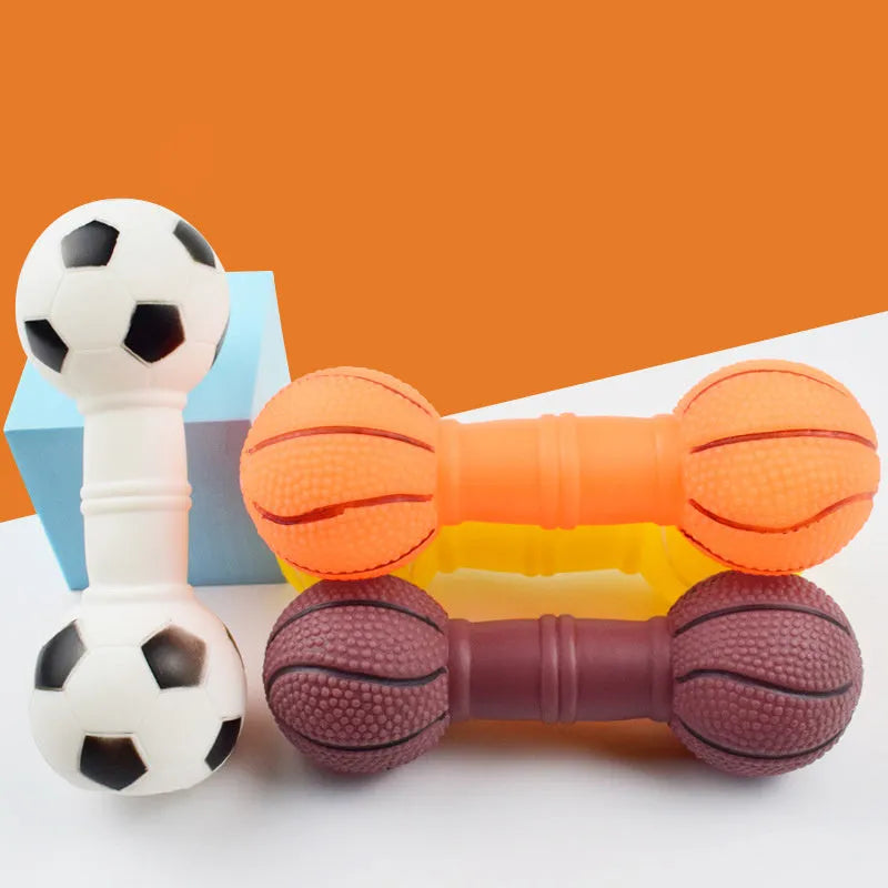 Football dumbbell shaped PVC dog chew toy with squeaker in brown, orange, white or yellow colours