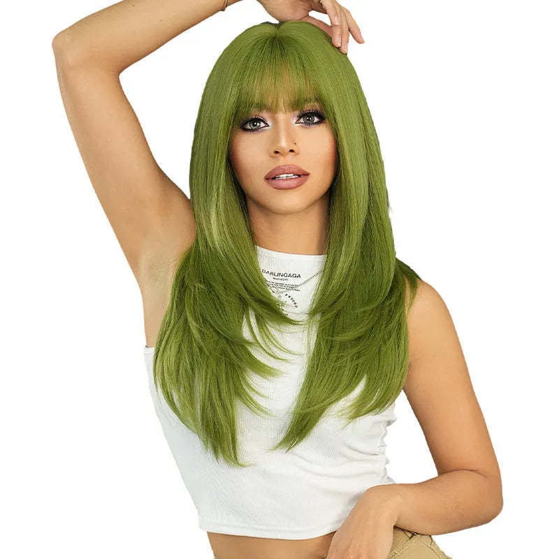Vanilla green long straight women's wig with bangs, 63cm domestic silk, non-thermal dye