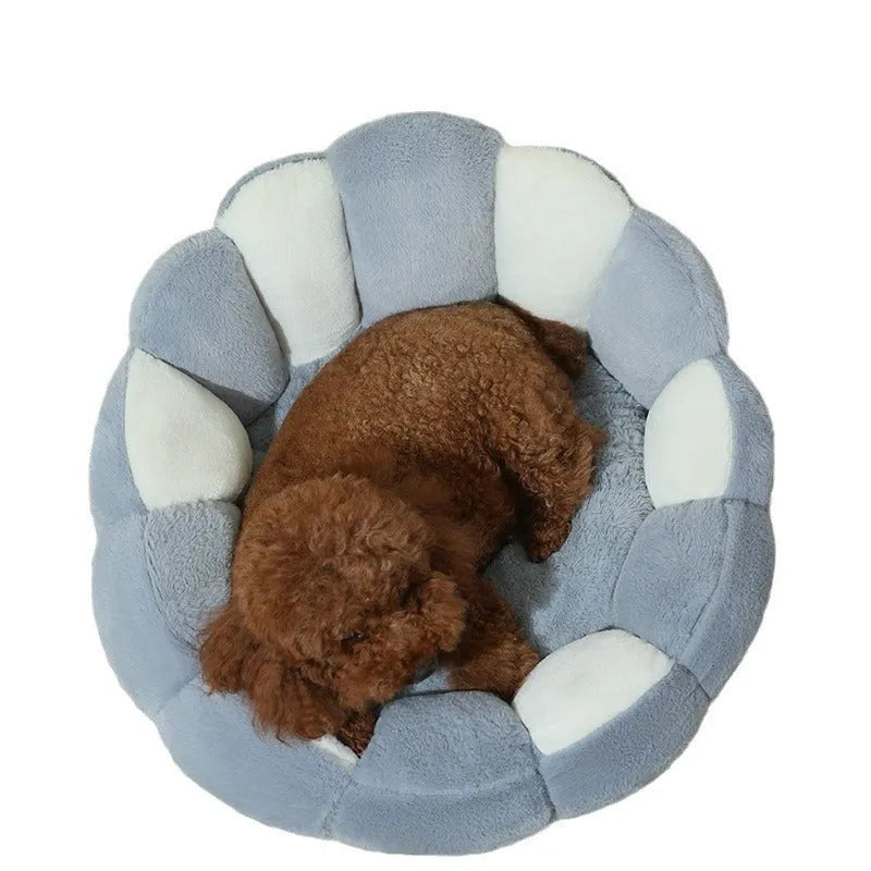 Grayish white cat kennel shell nest bed on floor with soft rabbit fur texture and PP cotton padding for small pets