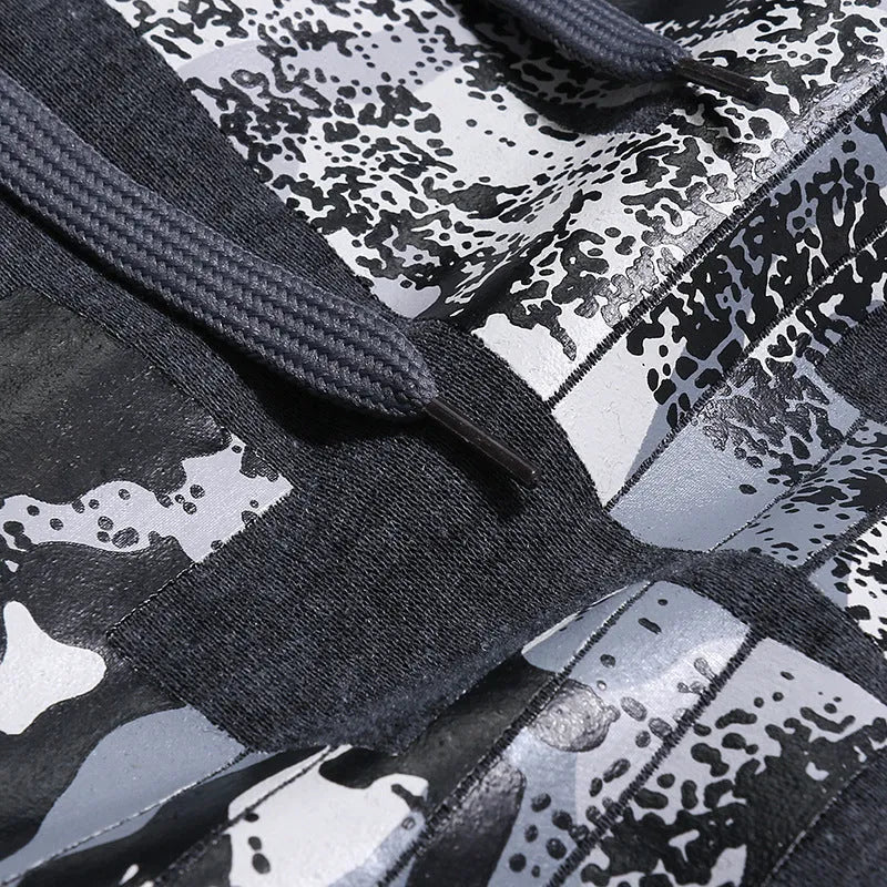 Men's long sleeve camouflage print hooded sweatshirt in black, front view